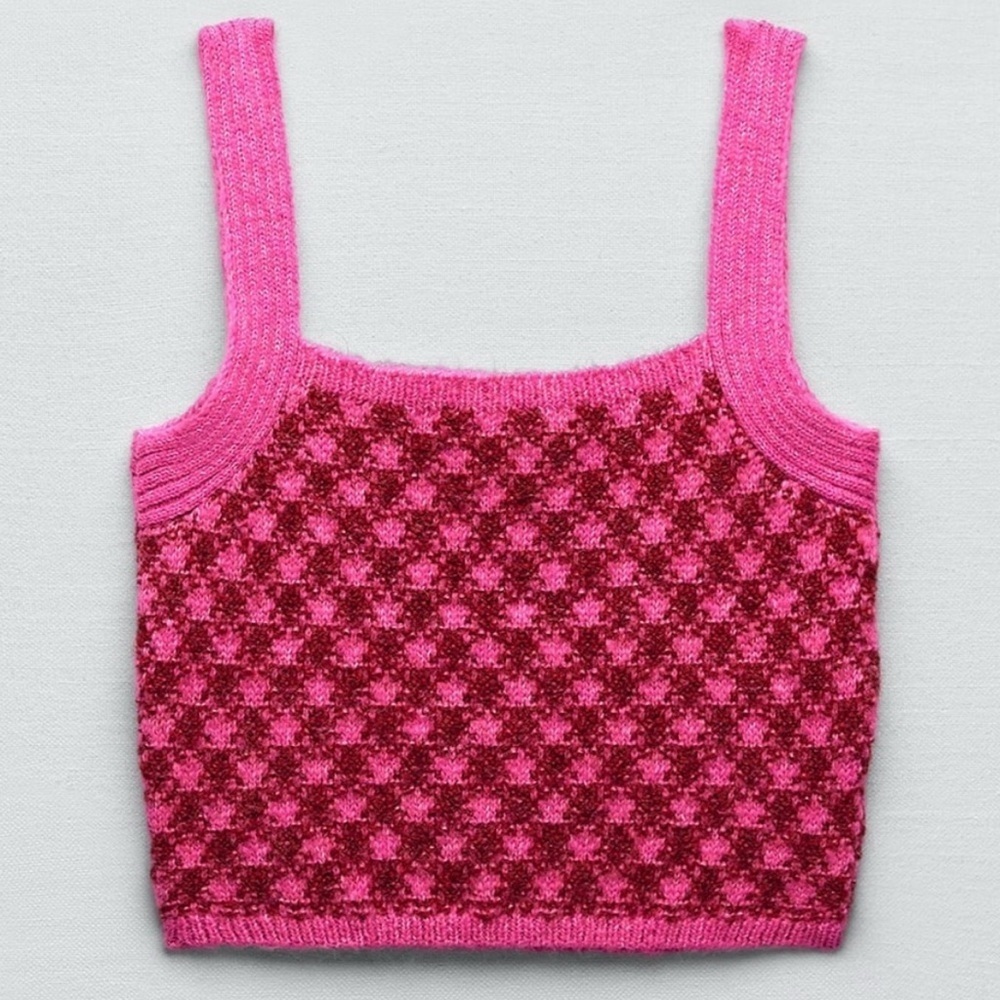 NWT Zara Pink Check Knit Wool Blend Crop Top Size S